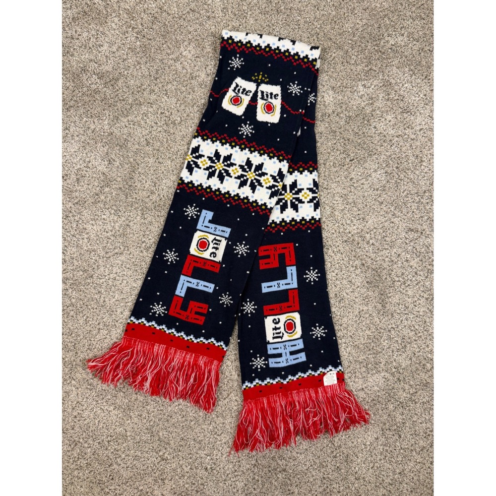 Miller Lite Its Miller Time Holiday Knit‎ Scarf Navy Blue Fair Isle Beer Fringe